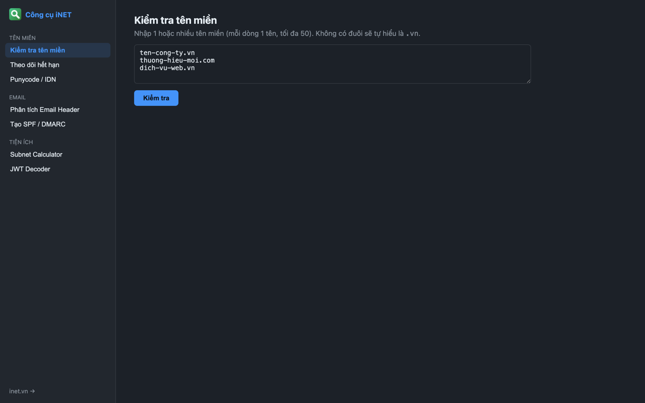 Kiểm tra tên miền: WHOIS, ngày hết hạn, nameservers, tình trạng đăng ký.